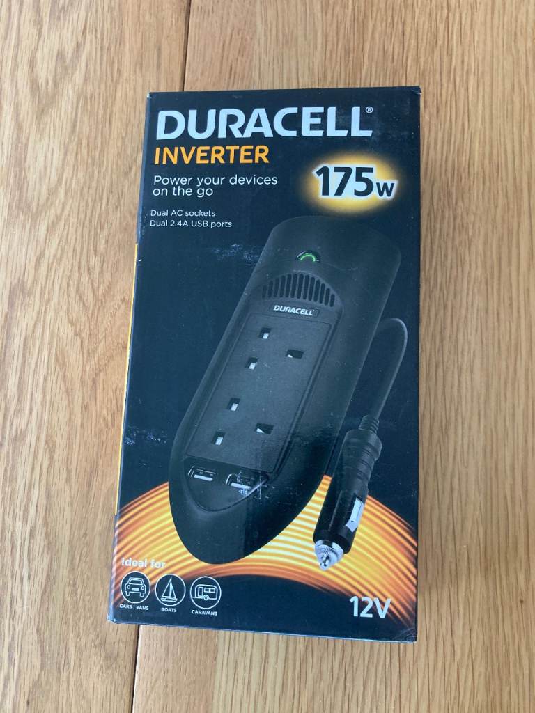 175W Duracell 12v Twin UK Socket Power Inverter Car Caravan Camping Motorhome