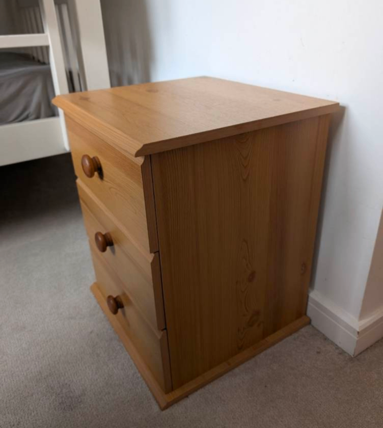 Solid Pine Bedside Cabinet with Three Drawers