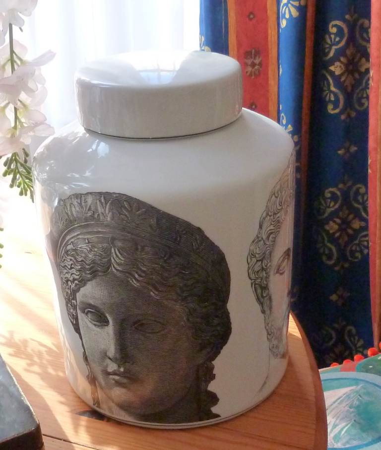 Large White Ceramic Storage Jar With Lid Has Roman Style Classic Faces ( NO TEXTS PLEASE )