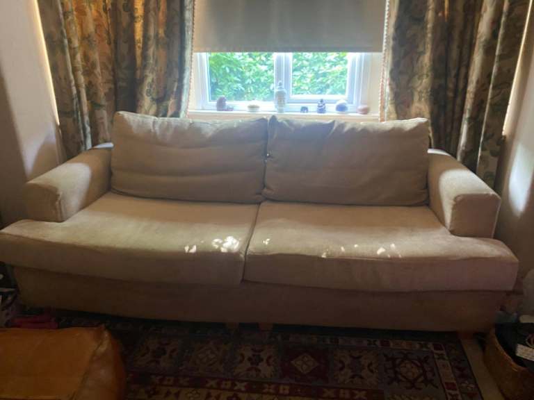 Comfy Two-Seater Fabric Sofa – Beige, Good Condition
