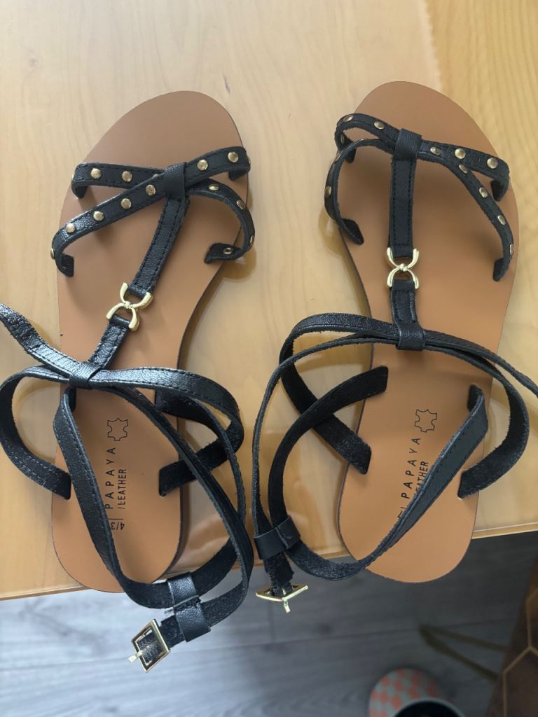 New Papaya Leather Black Sandals with Gold Studs - UK Size 4 (EU 37)