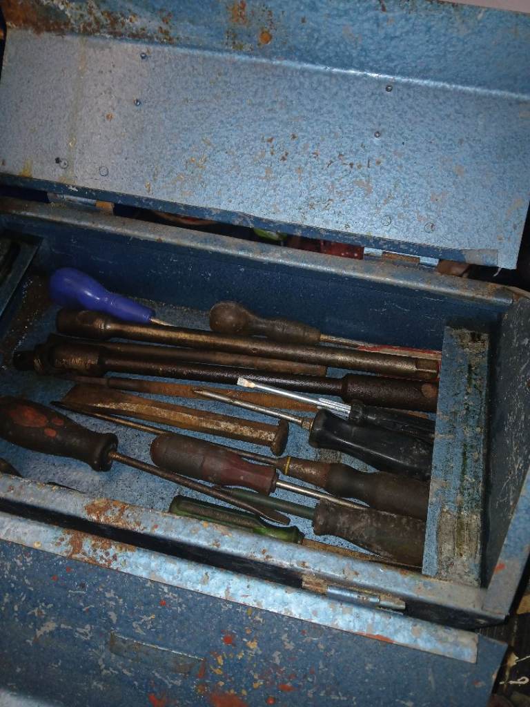 Old Metal Toolbox with Various Hand Tools - Fair Condition