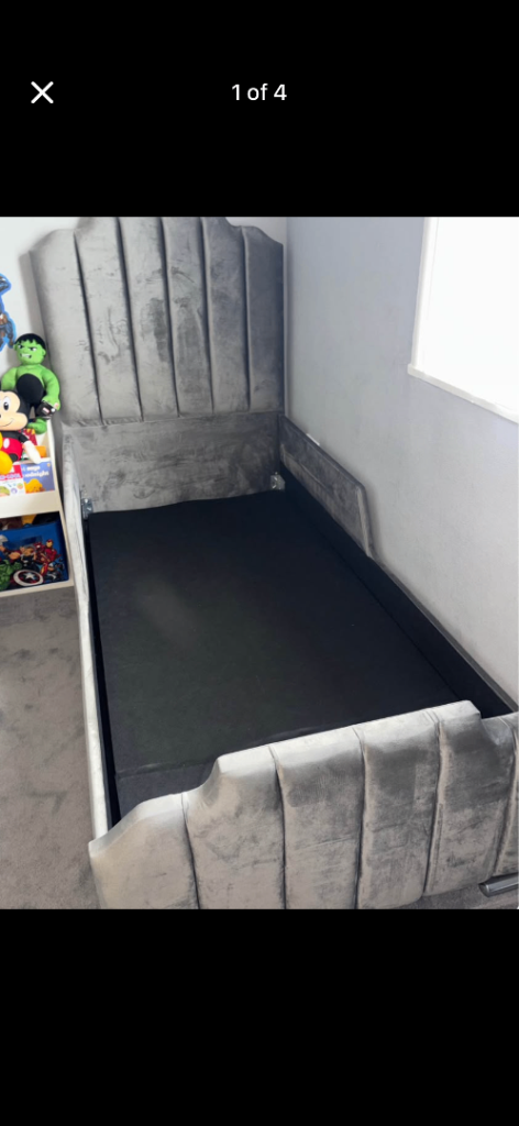 Velvet single bed with sides built in 