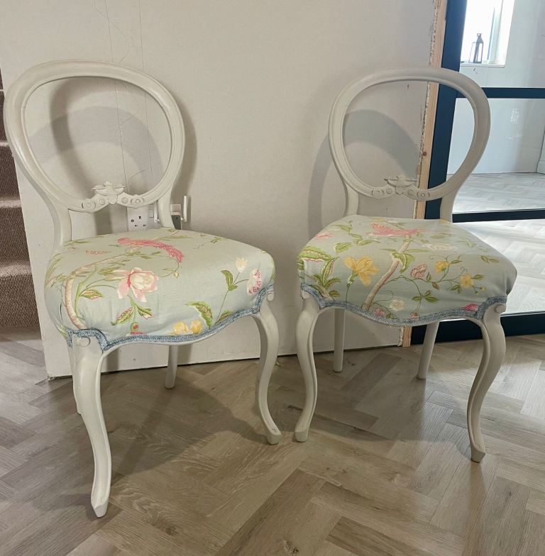 Pair of refurbished balloon back Victorian chairs