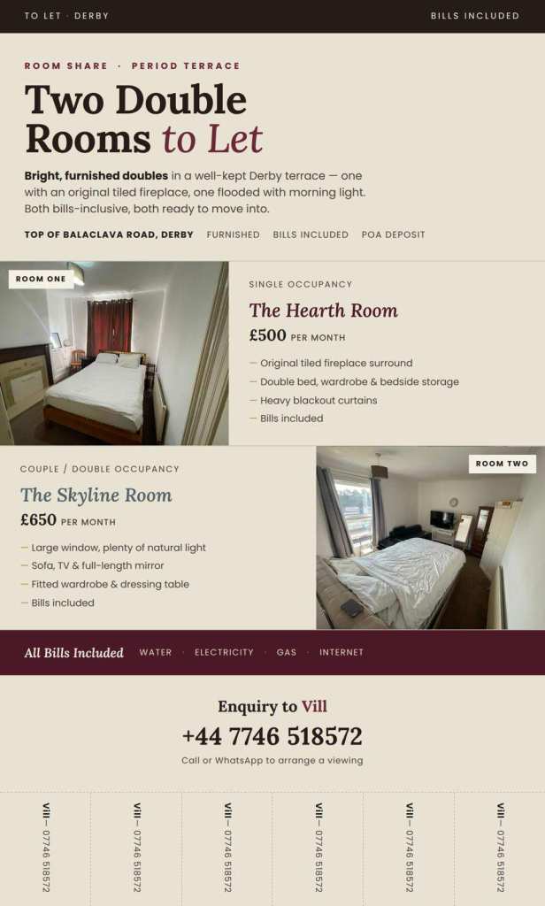 TWO DOUBLE ROOMS AVAILABLE – DERBY - top of Balacava Road 