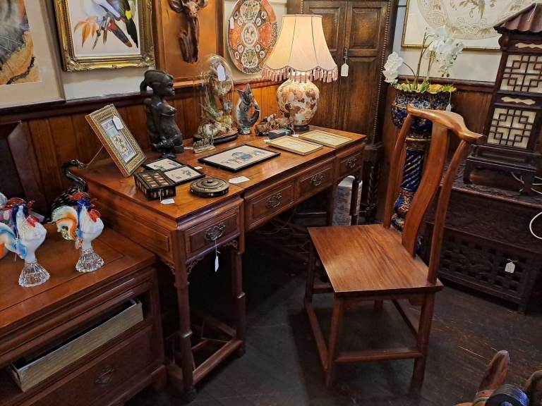 Oriental Pedestal Style Desk Unusual Unique Design With Matching Chair