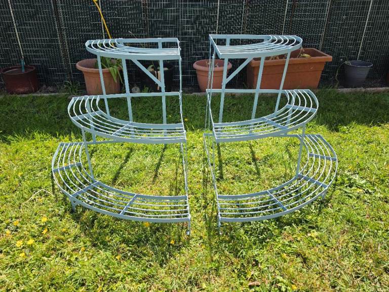 Vintage French metal pair of garden 3 tier corner plant stands