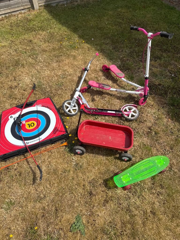 Kids Outdoor Toys Bundle – Scooters, Skateboard, Archery Set