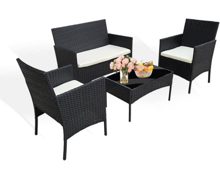 New Black Rattan Garden Furniture Set with Cream Cushions