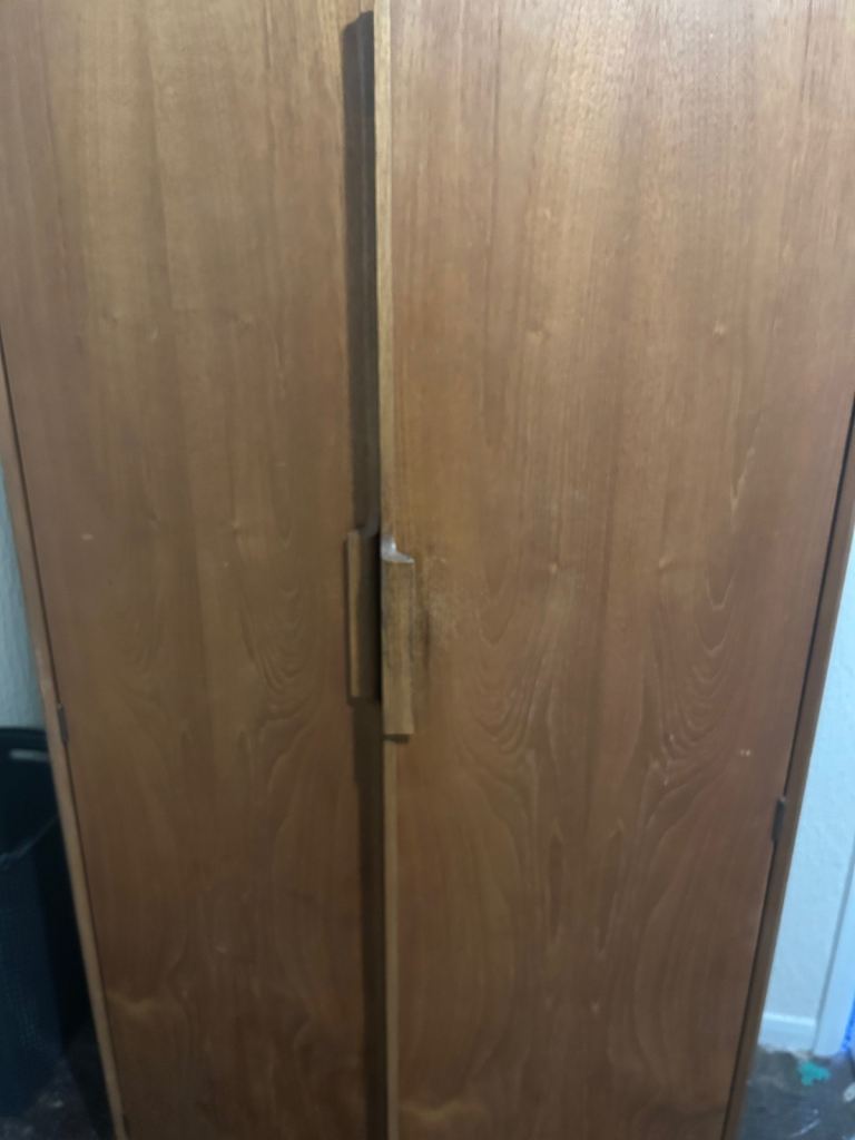 Solid dark wood wardrobe and side table 