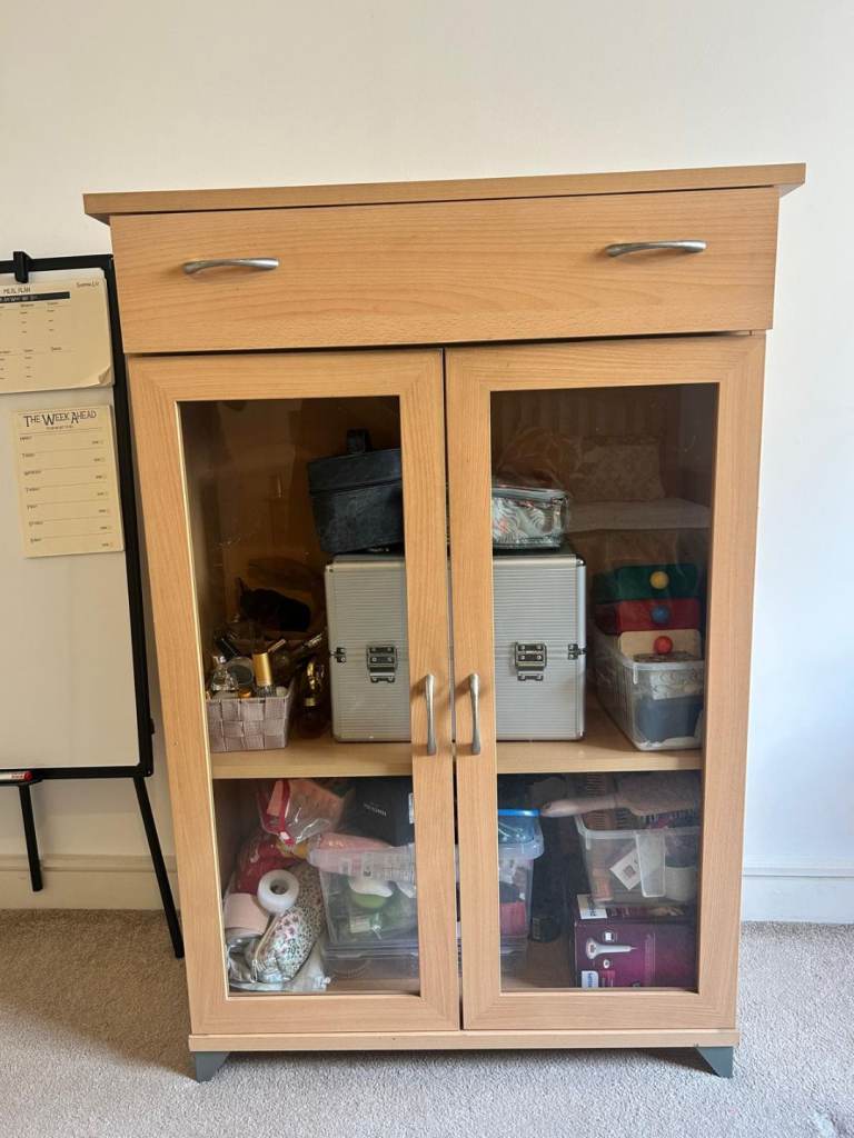Wooden Storage Cabinet with Glass Doors & Drawer – Great Condition