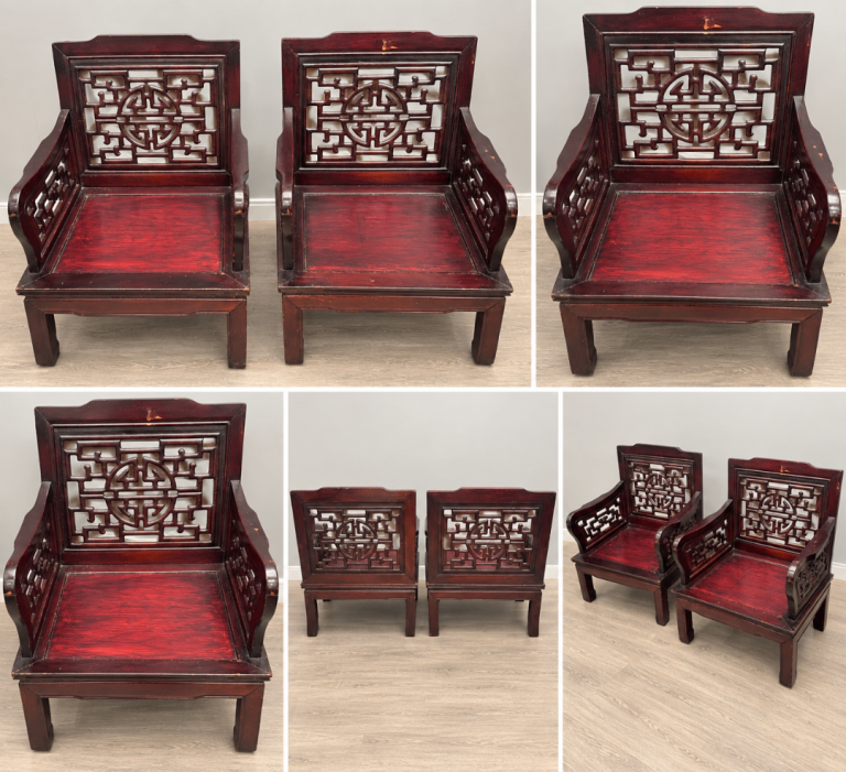 Pair of Vintage Chinese Style Carved Wooden Armchairs – Oriental Fretwork