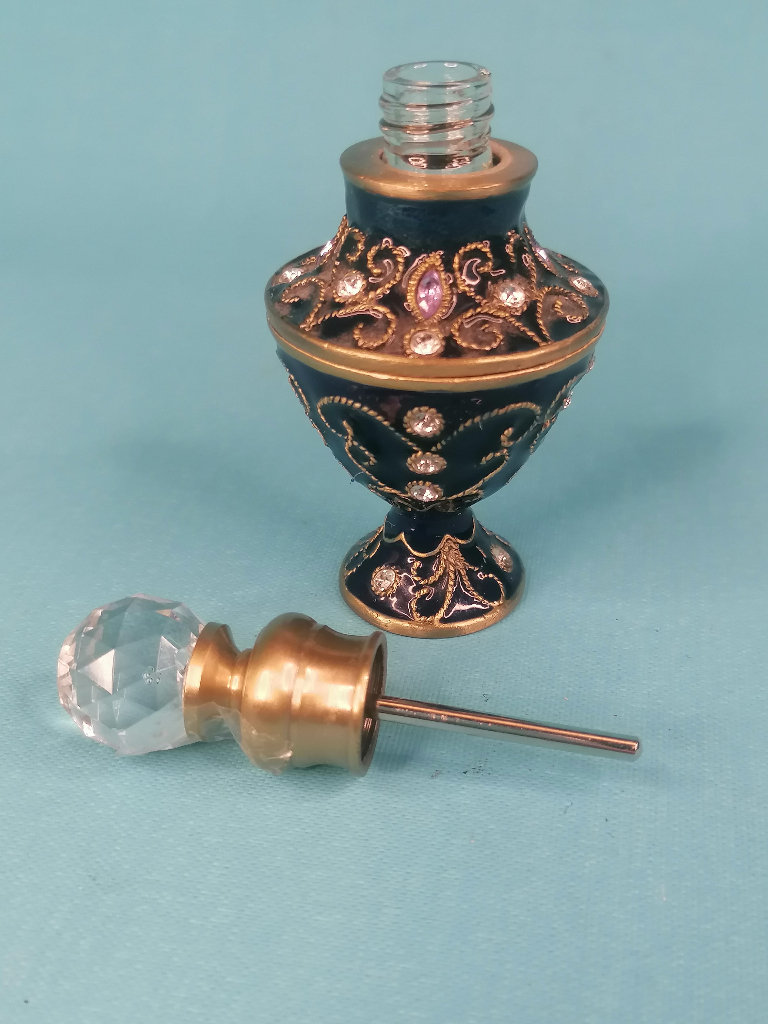 4-inch Vintage Enamel Glass and Crystals Perfume Scent Dressing Table Bottle.