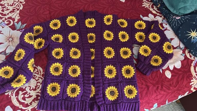 Handmade Purple Crochet Cardigan with Sunflower Design – Brand New