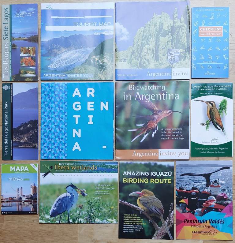 12 useful maps/leaflets on touring Argentina; wine, sport, nature, birding etc