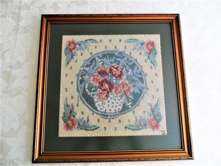 Large Framed and Glazed Completed Floral Needlepoint Tapestry Picture Vase with Flowers