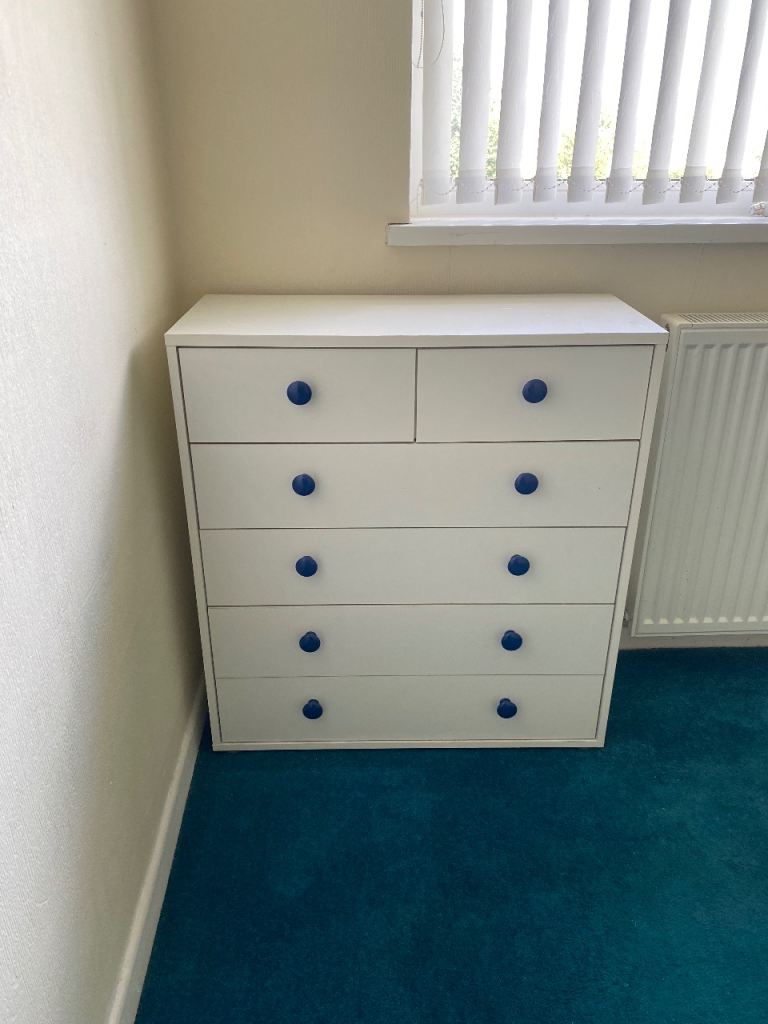 White Chest of 6 Drawers with Blue Knobs