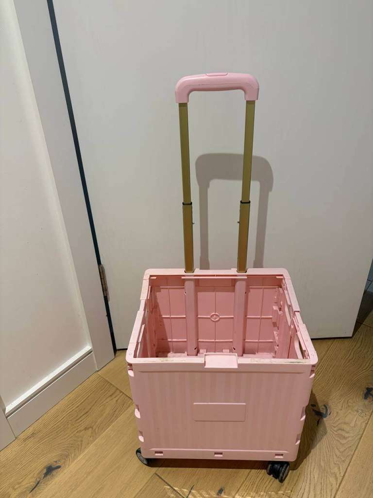 Pink Collapsible Folding Rolling Storage Crate / Shopping Trolley