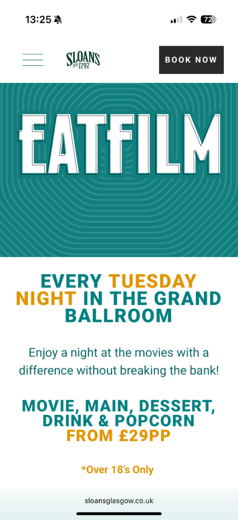 EatFilm at Sloans, 2 tickets, It’s a wonderful life 