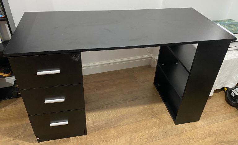 Black Desk with Drawers and Shelves – Good Condition