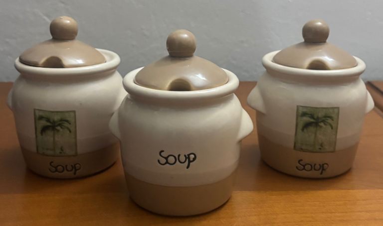 Vintage Ceramic “Soup” Canister Set of 3 – Two-Tone Beige & Off-White, Palm Tree