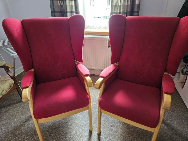 Two Deep Red Wingback Chairs