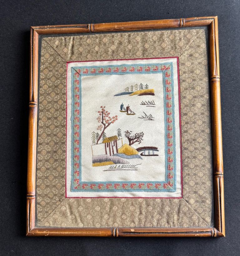 Vintage Chinese Silk Embroidery Artwork Garden Nature Scene Framed