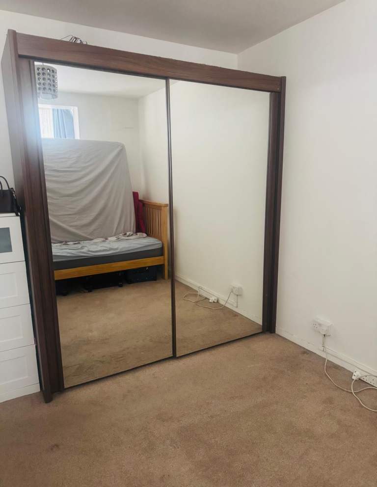 Sliding Mirrored Wardrobe – Brown Wood, Good Condition
