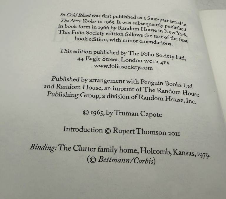In Cold Blood - Truman Capote - True Crime - Folio Society 2011 1st Edition VGC
