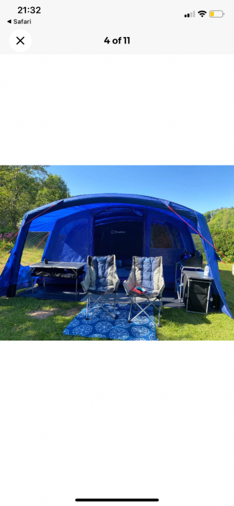 Berghaus 600 XL air tent with universal carpet & kitchen unit