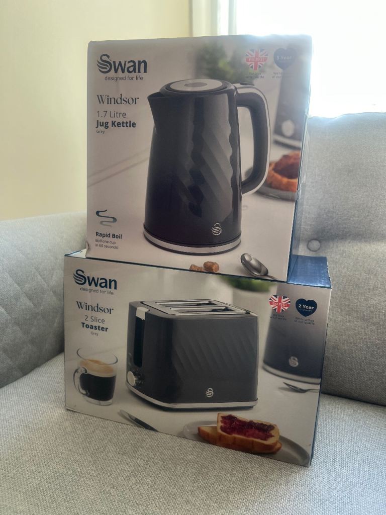 Swan Windsor 1.7 Litre Jug Kettle & 2 Slice Toaster Set - Grey, New