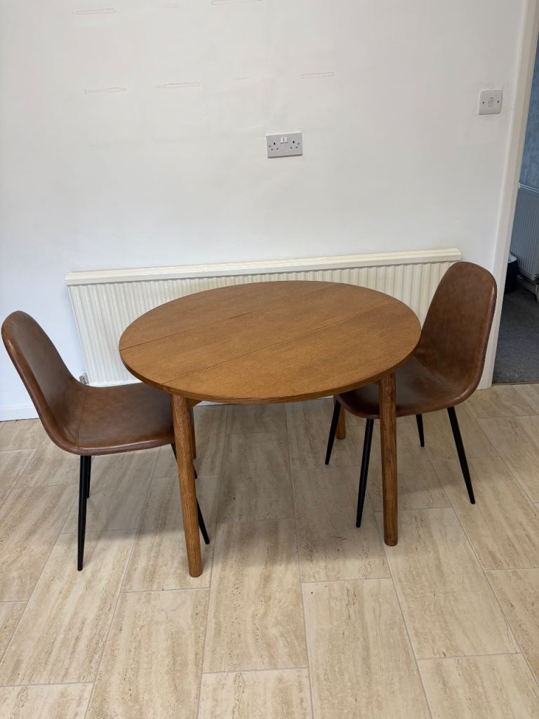 Habitat Wood Round Drop Leaf Dining Table with 2 NEXT Brown Chairs
