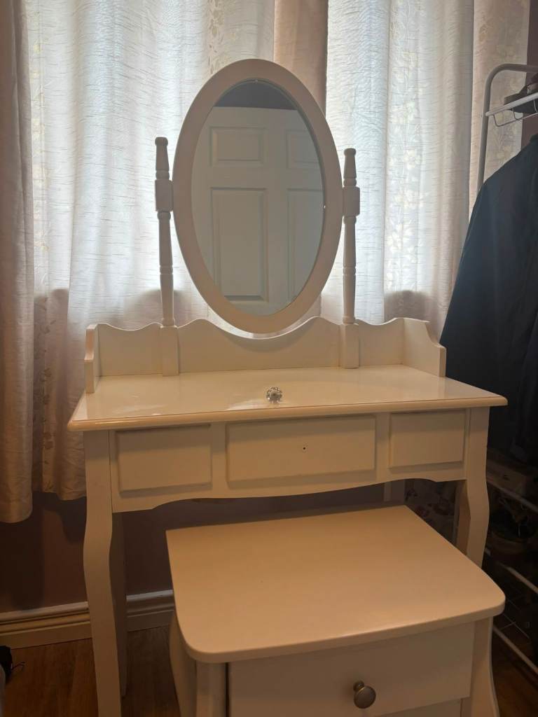 White Dressing Table with Mirror and Bedside Locker – Good Condition