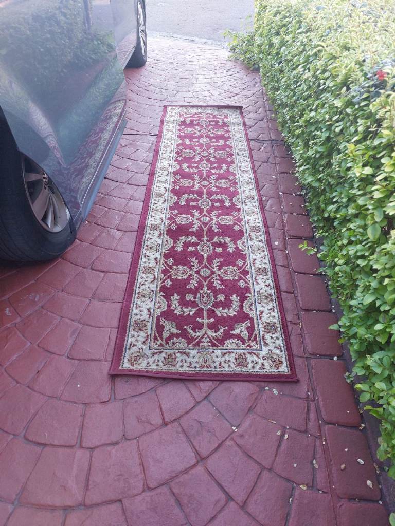 Red Patterned Hallway Runner Rug – Good Condition