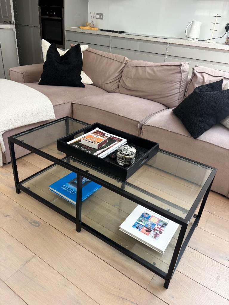 Glass and Black Metal Coffee Table – Good Condition