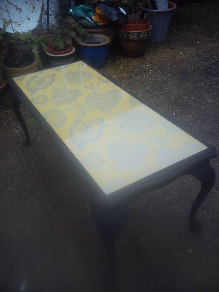 Upcycled, vintage, shabby chic, hardwood coffee table with glass top.