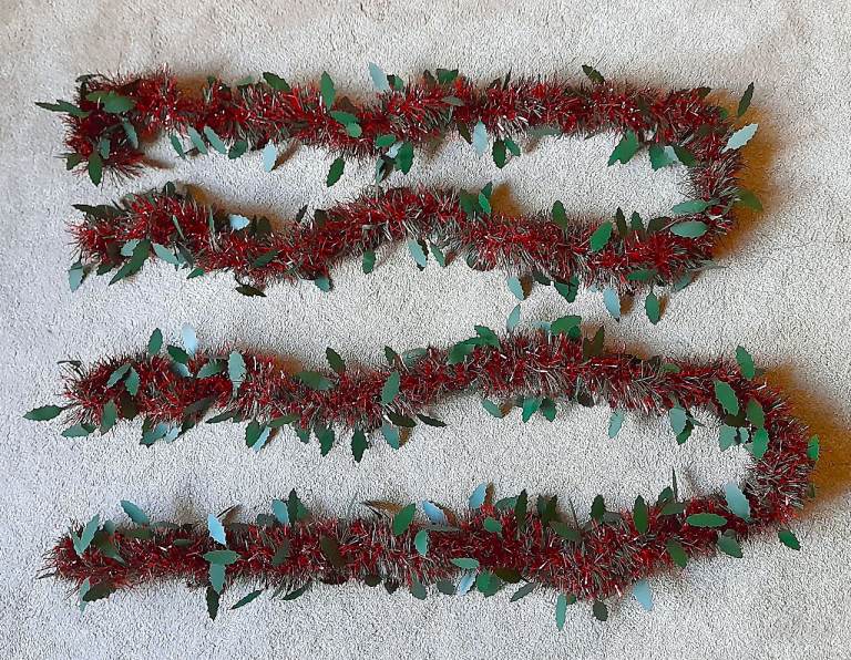 image for 2 X 76 inches 183 cm Red Foil Tinsel Green Holly Leaves Christmas Tree Garlands
