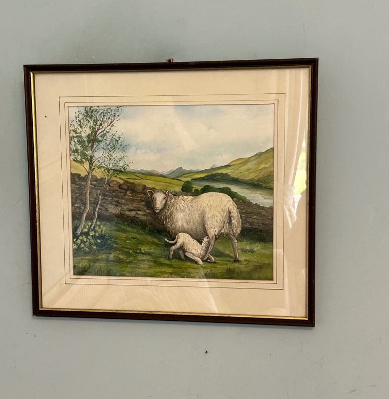 Original Framed Watercolour Ewe and Lamb by Ken McCall H15in/38cm W17in/43cm Good condition  J288