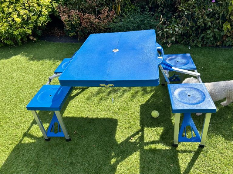 Blue Folding Picnic Table with 4 Seats – Good Condition