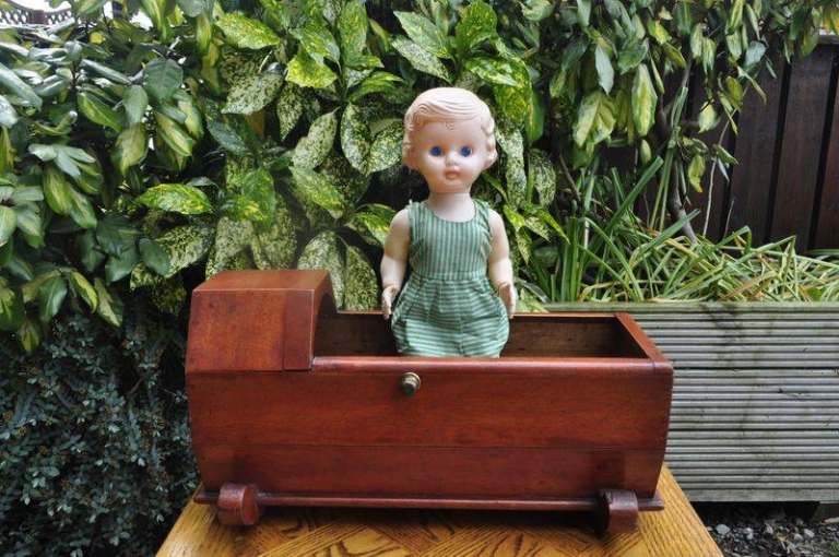 Edwardian fruitwood rocking dolls crib