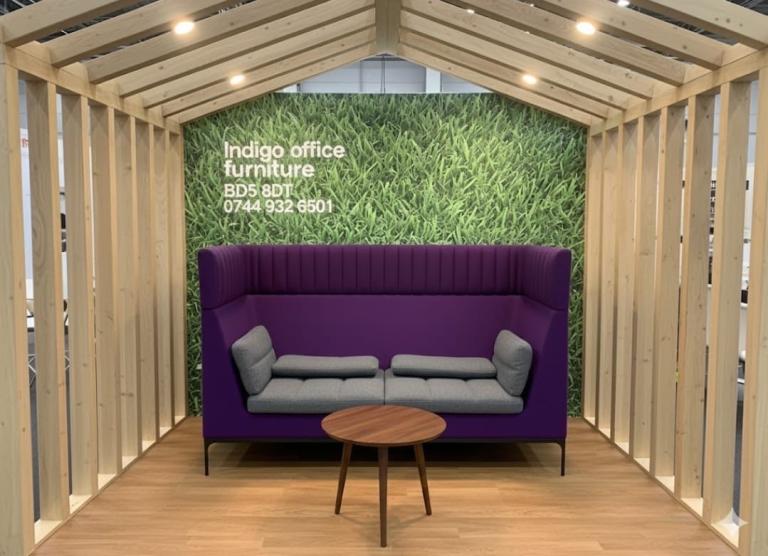 Allermuir Haven two-seat high-back sofa in purple and grey fabric (4 available ) For sale