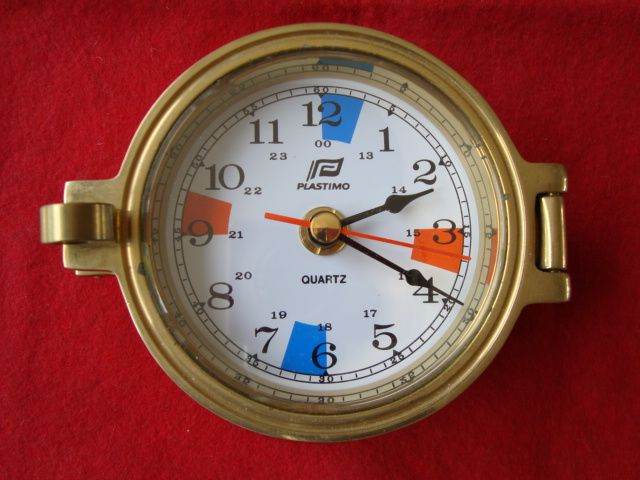 SUPERB PLASTIMO MARITIME QUARTZ CLOCK / CHRONO on HAND TURNED SOLID ANTIQUE OAK BASE
