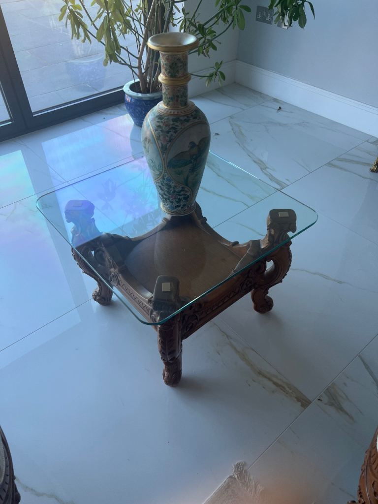 Square Glass Top Coffee Table with Carved Wooden Base