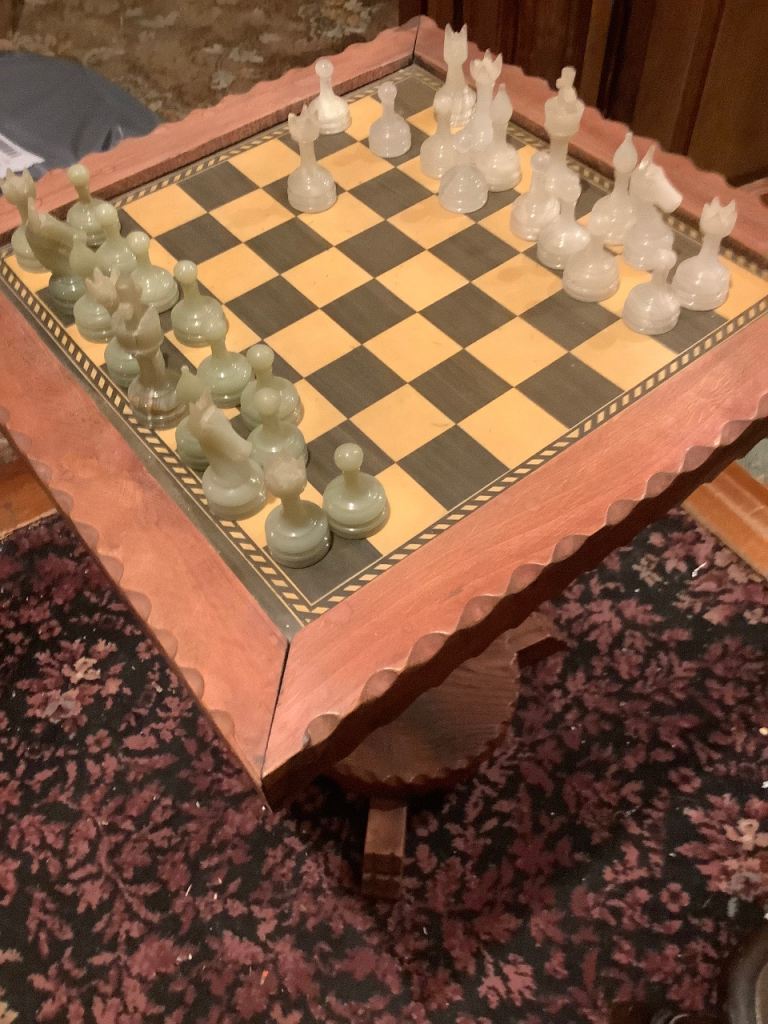 Vintage Oak Chess Table and Chess Set