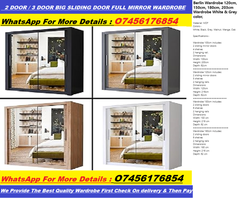 Quality Brand! Full Mirror Sliding Wardrobe - Chicago Wardrobe - Milan Wardrobe- Berlin Wardrobe