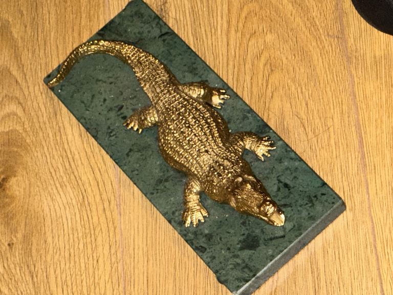 Gold Crocodile Ornament on Green Marble Base