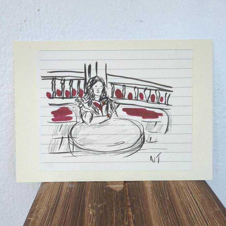 Original hand-drawn art pen on paper 'Girl Sitting Down'  