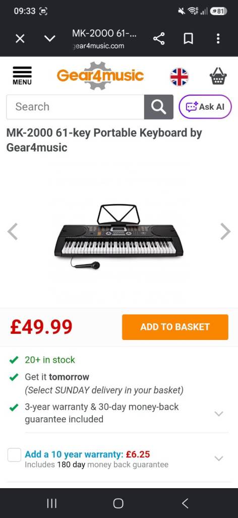 Gear4music MK-2000 61-Key Portable Keyboard – Brand New