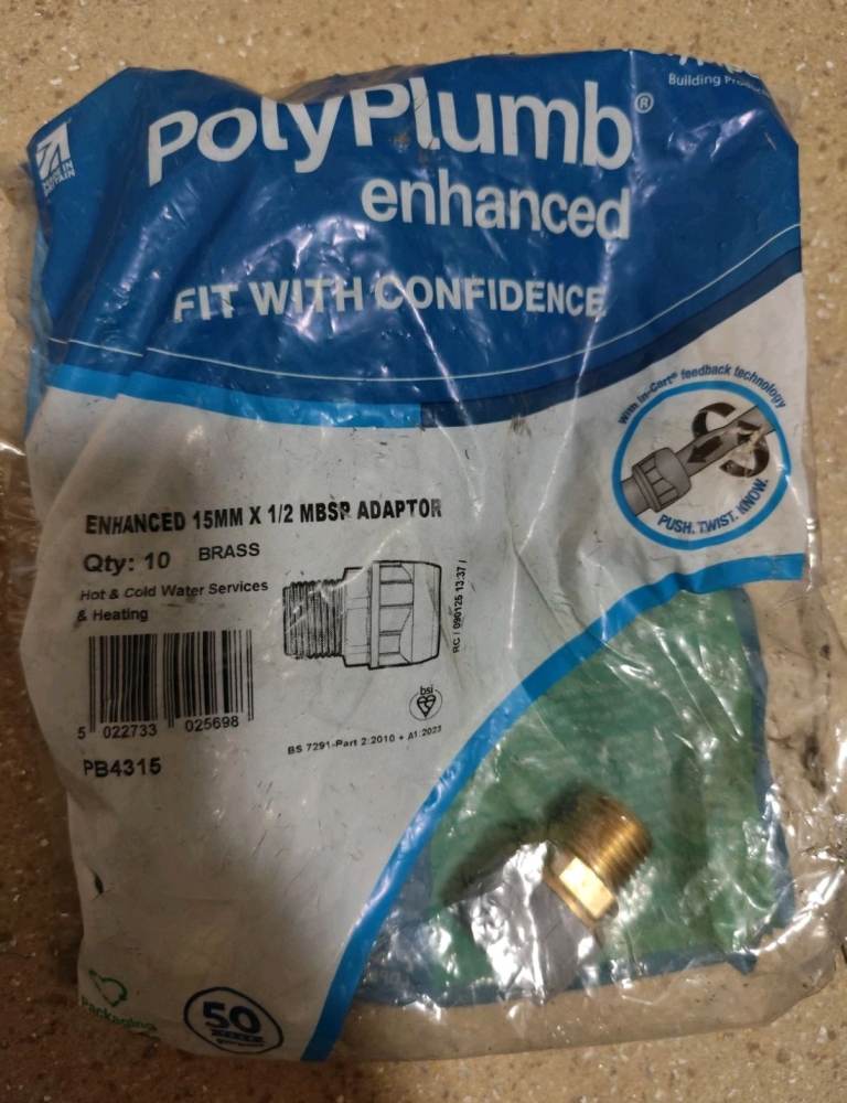 PolyPlumb 15mm x 1/2 MBSF Adaptor Brass Fittings (Qty 10)