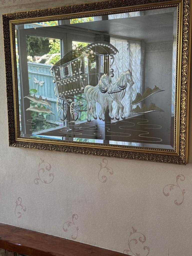 Large Gold Framed Mirror with Engraved Horse Drawn Carriage